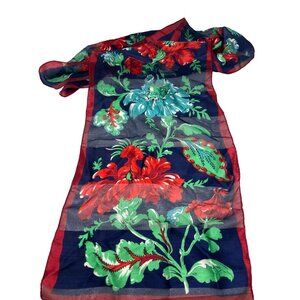 Floral Print Sheer Scarf Rectangular Navy Blue Red Green Lightweight 51x10 Inche